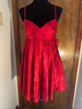 Red Floral Jacquard Fit-and-Flare Dress - Spaghetti Strap